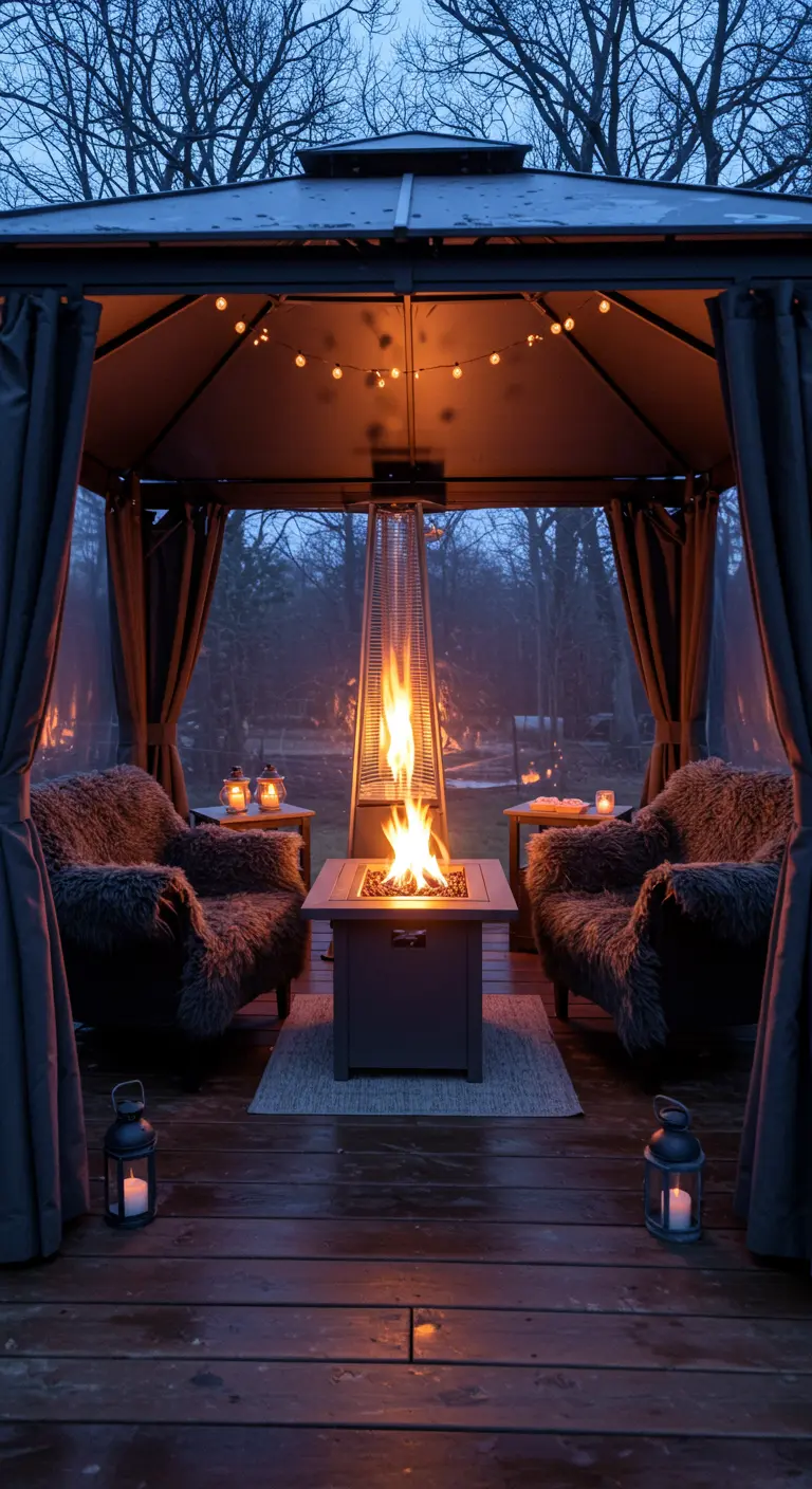 Kiosque d'extérieur avec brasero, chauffage pyramidal, chaises en fausse fourrure, guirlandes lumineuses et rideaux.