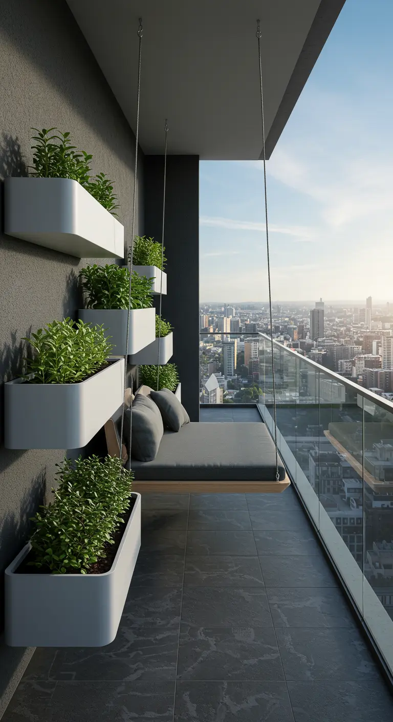 Balcon moderne avec lit suspendu, jardinières murales et vue sur la ville.
