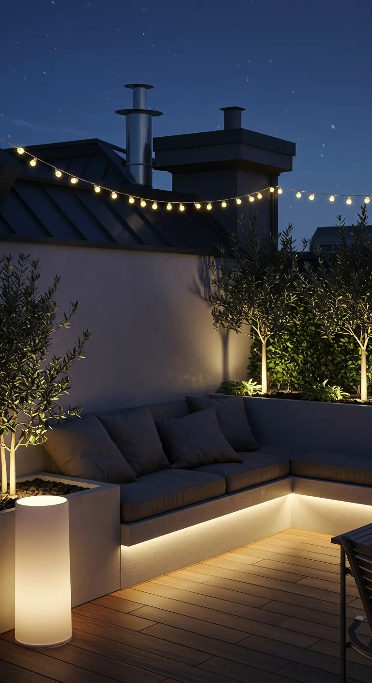 Terrasse chic avec arbres illuminés, bancs intégrés et éclairage LED sous le mobilier.