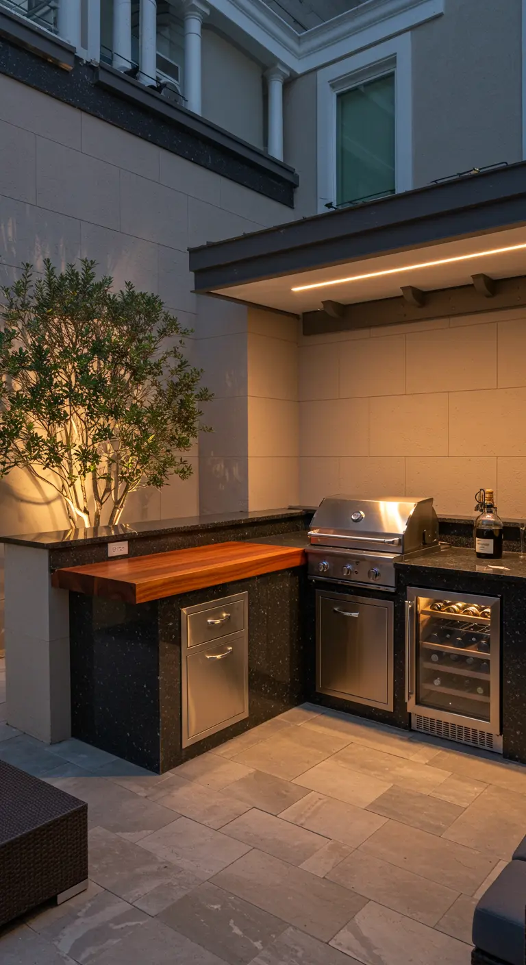 Cuisine extérieure luxueuse en marbre noir et bois avec barbecue, cave à vin intégrée et éclairage LED.