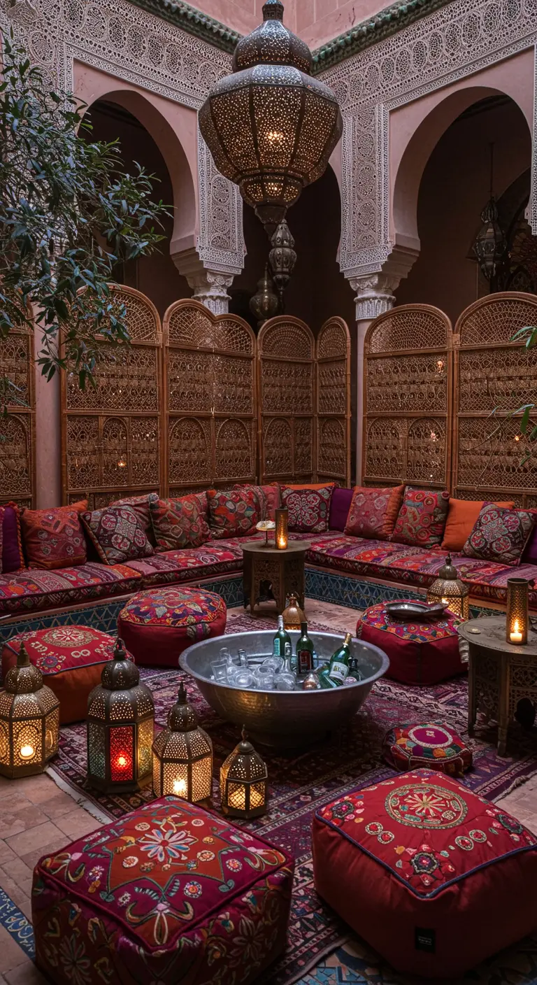 Grand patio mauresque avec des paravents en bois, des banquettes basses, une vasque à boissons et de nombreuses lanternes.