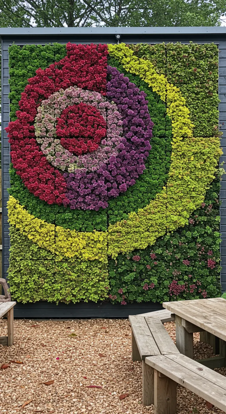 Grand mur végétal extérieur avec un motif de mandala floral en cercles concentriques colorés.