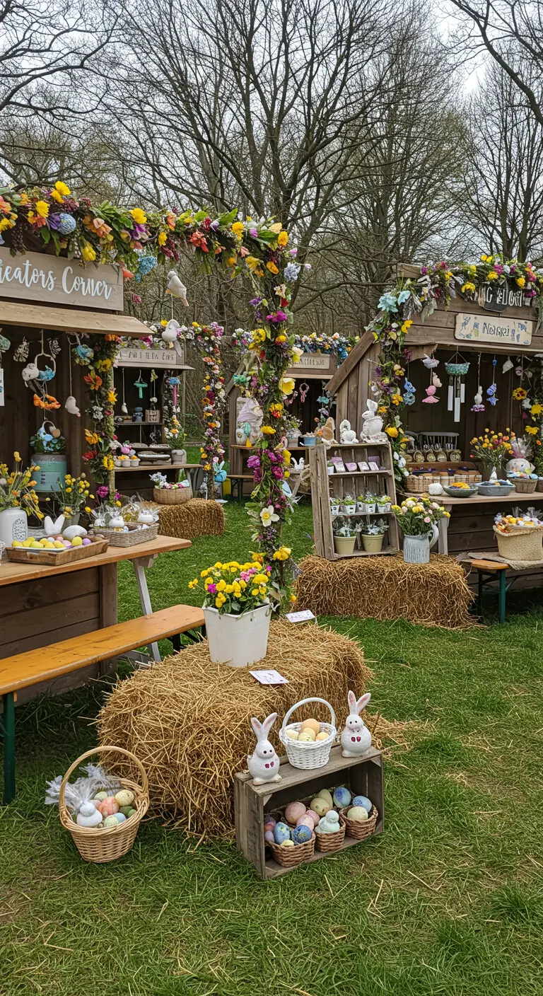 Marché de Pâques champêtre avec stands en bois, bottes de paille, guirlandes de fleurs et œufs décorés.