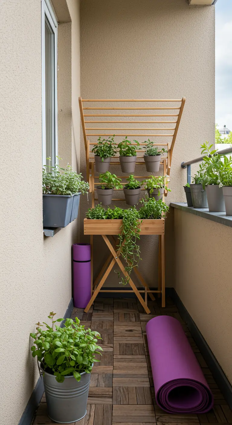 Balcon avec un meuble en bois pliable servant de support à plantes et des tapis de yoga.