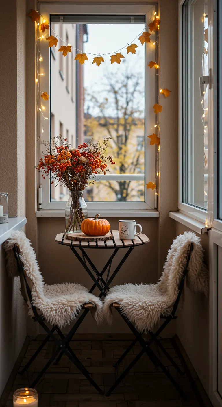 Petit balcon avec table bistro, chaises à fourrure, guirlande lumineuse et vase de baies.
