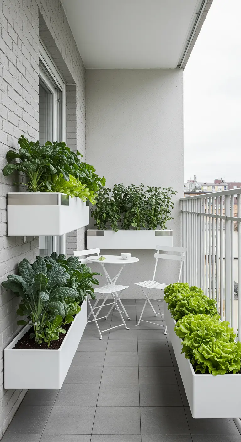 Jardinières modulaires blanches avec salades et choux frisés sur un balcon minimaliste