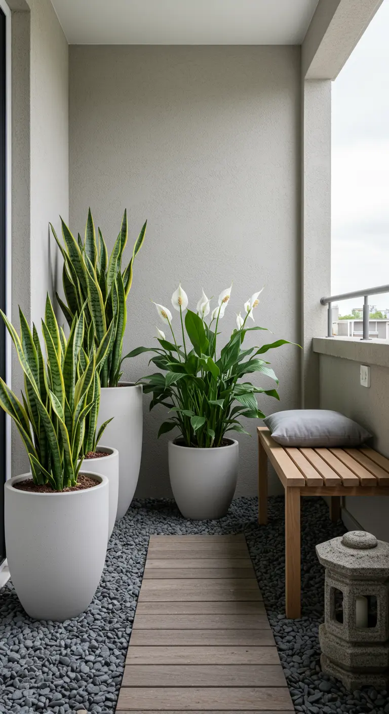 Balcon zen avec pots gris, sansevieria, spatiphyllum, chemin en bois et galets noirs.