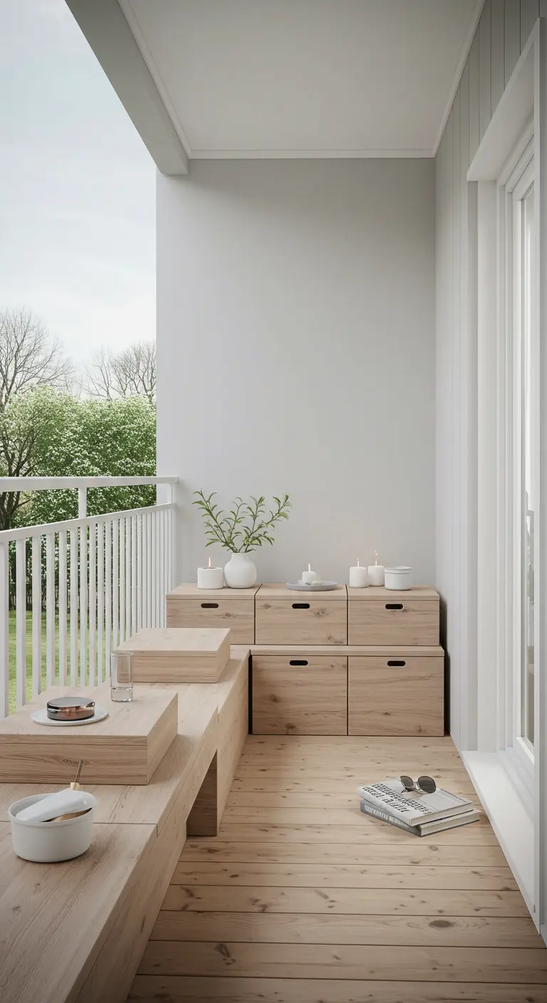 Balcon minimaliste avec des caissons de rangement modulables en bois clair et des bougies.