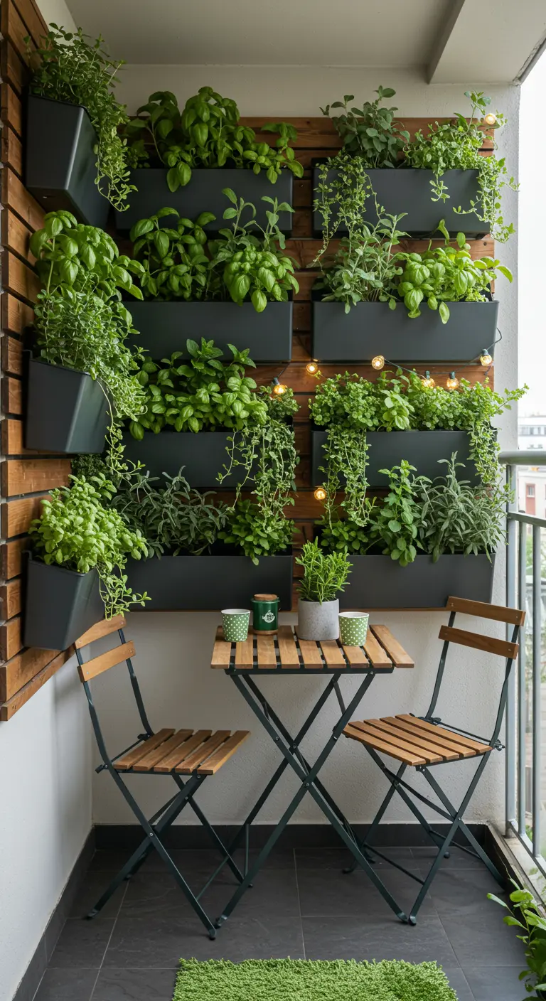 Balcon avec mur végétal d'herbes aromatiques et petit ensemble bistro en bois.