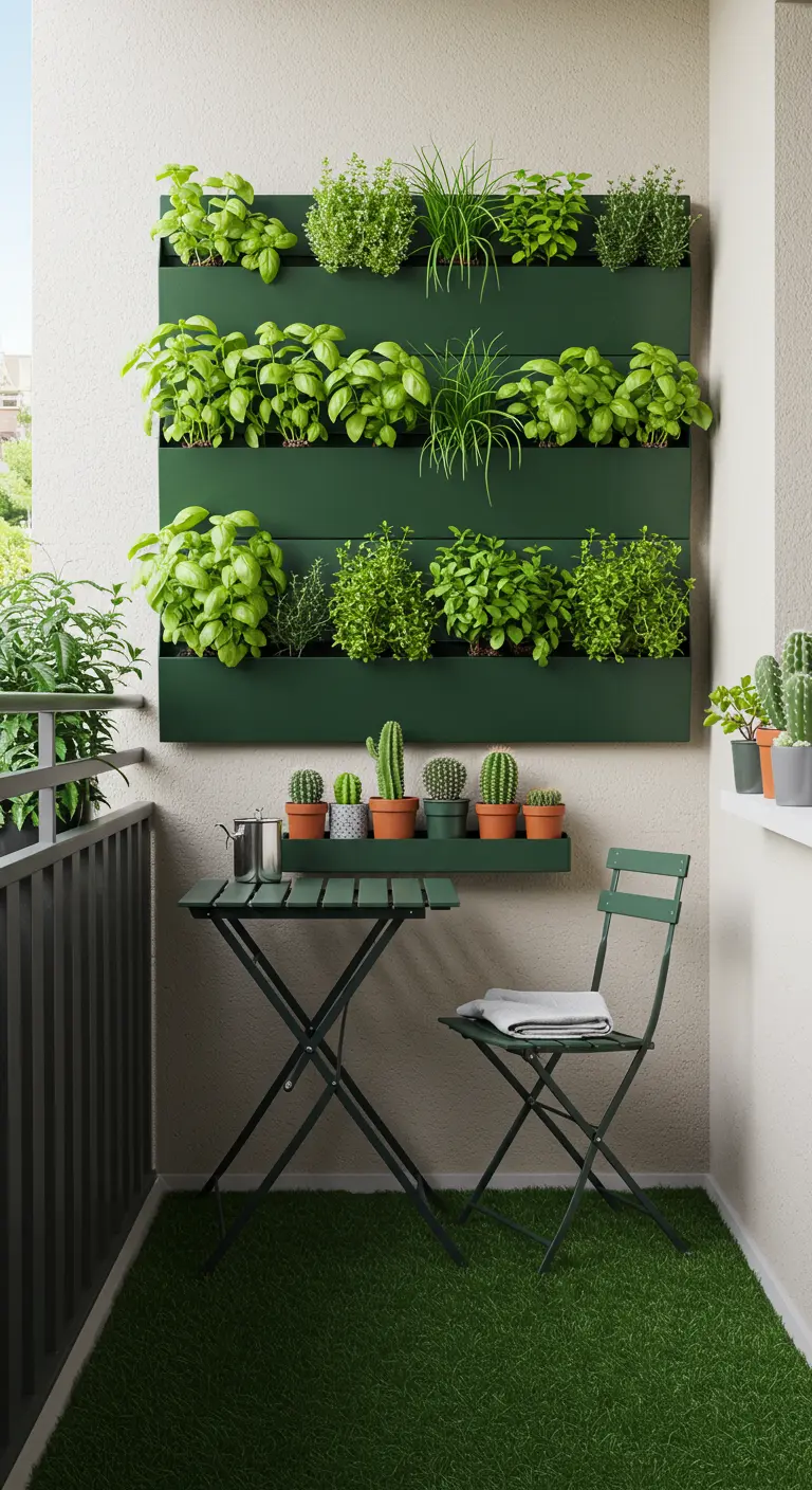 Petit balcon avec mur végétal vert foncé d'herbes, étagère de cactus et mobilier pliant vert.