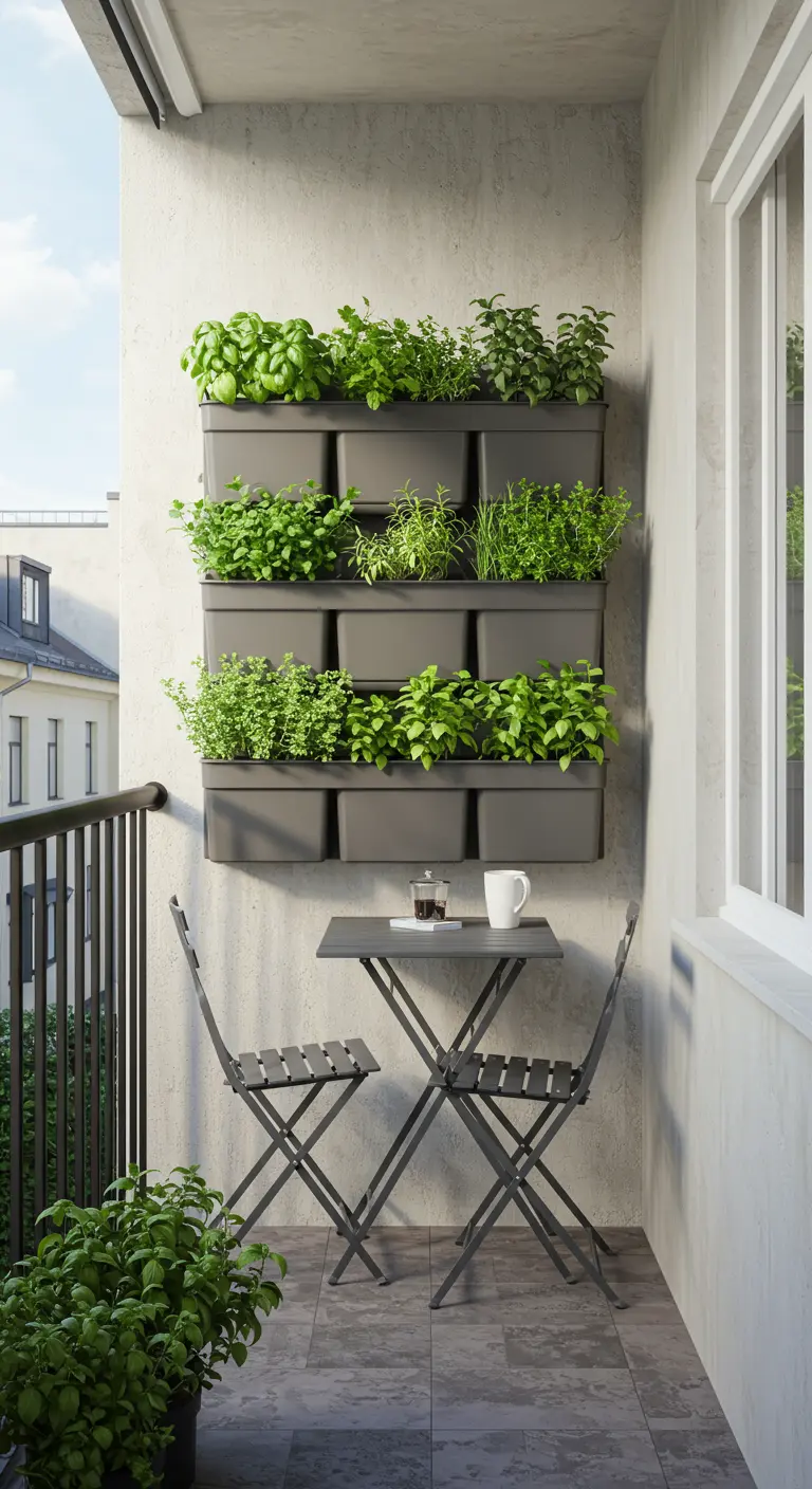 Jardin d'herbes aromatiques vertical gris sur mur de balcon, avec table et chaises pliantes.