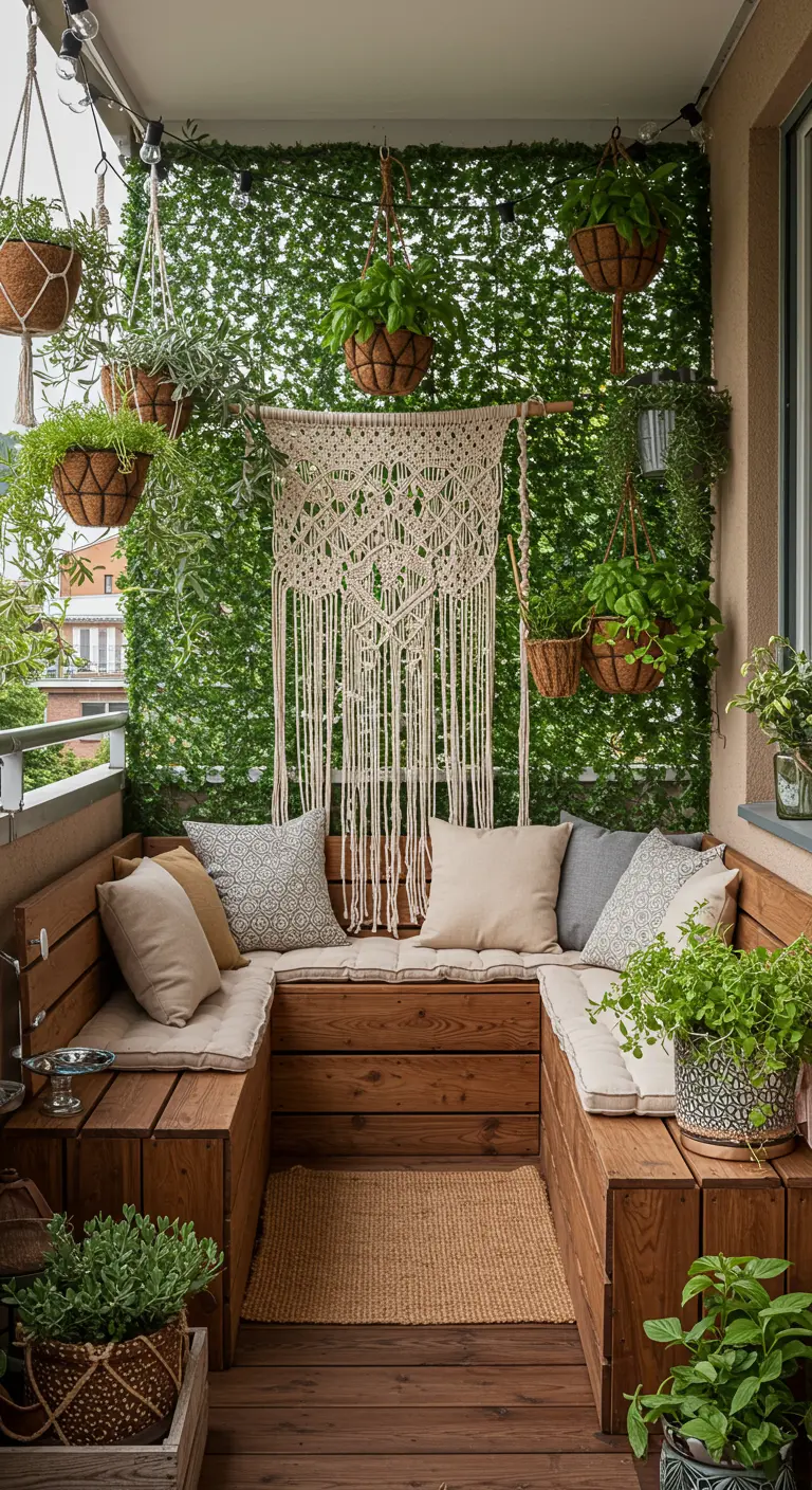 Balcon avec mur végétal en treillis, banc en bois, suspensions en macramé et paniers en osier.