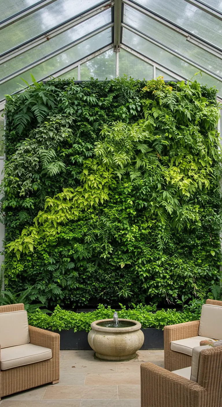 Mur végétal luxuriant sous une verrière avec diverses fougères et plantes vertes.
