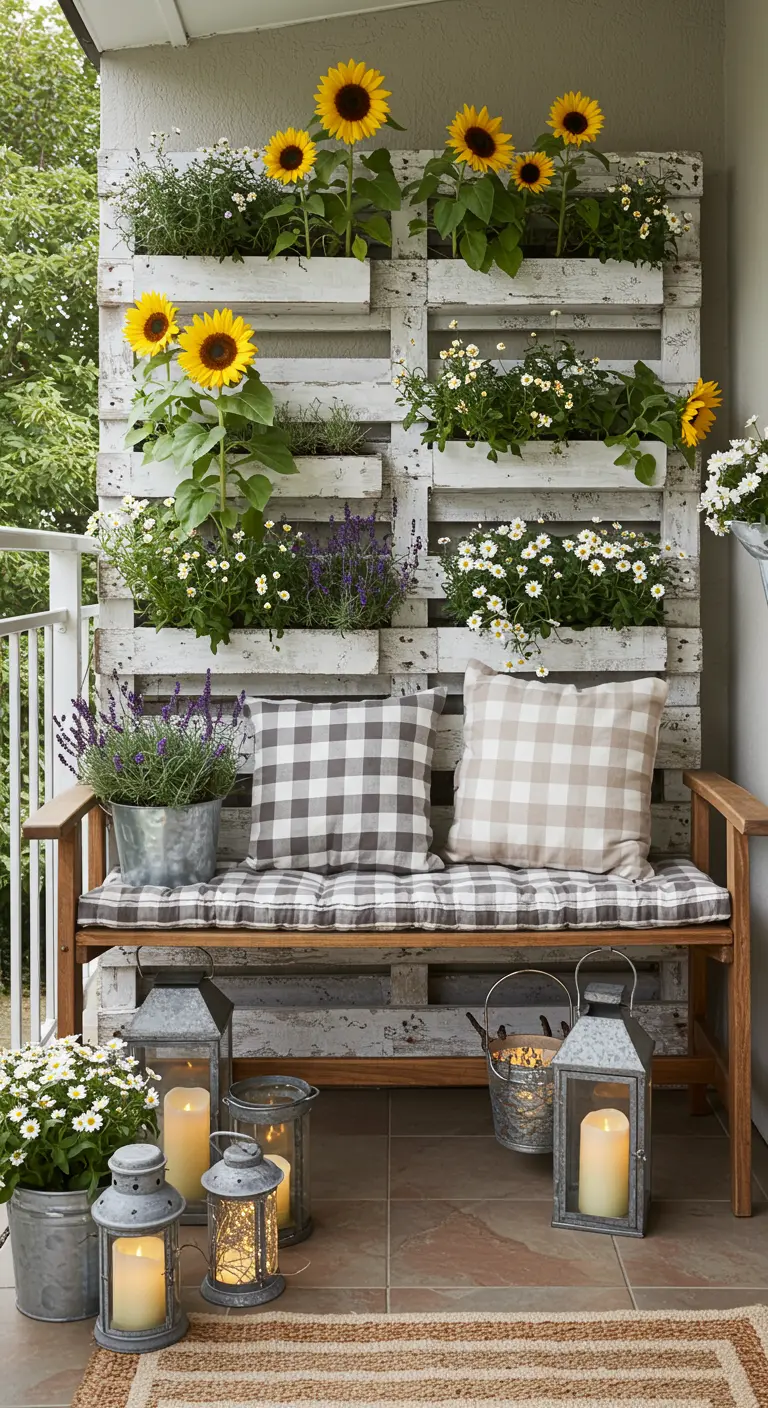 Mur végétal DIY en palettes blanches avec tournesols, banc et lanternes.