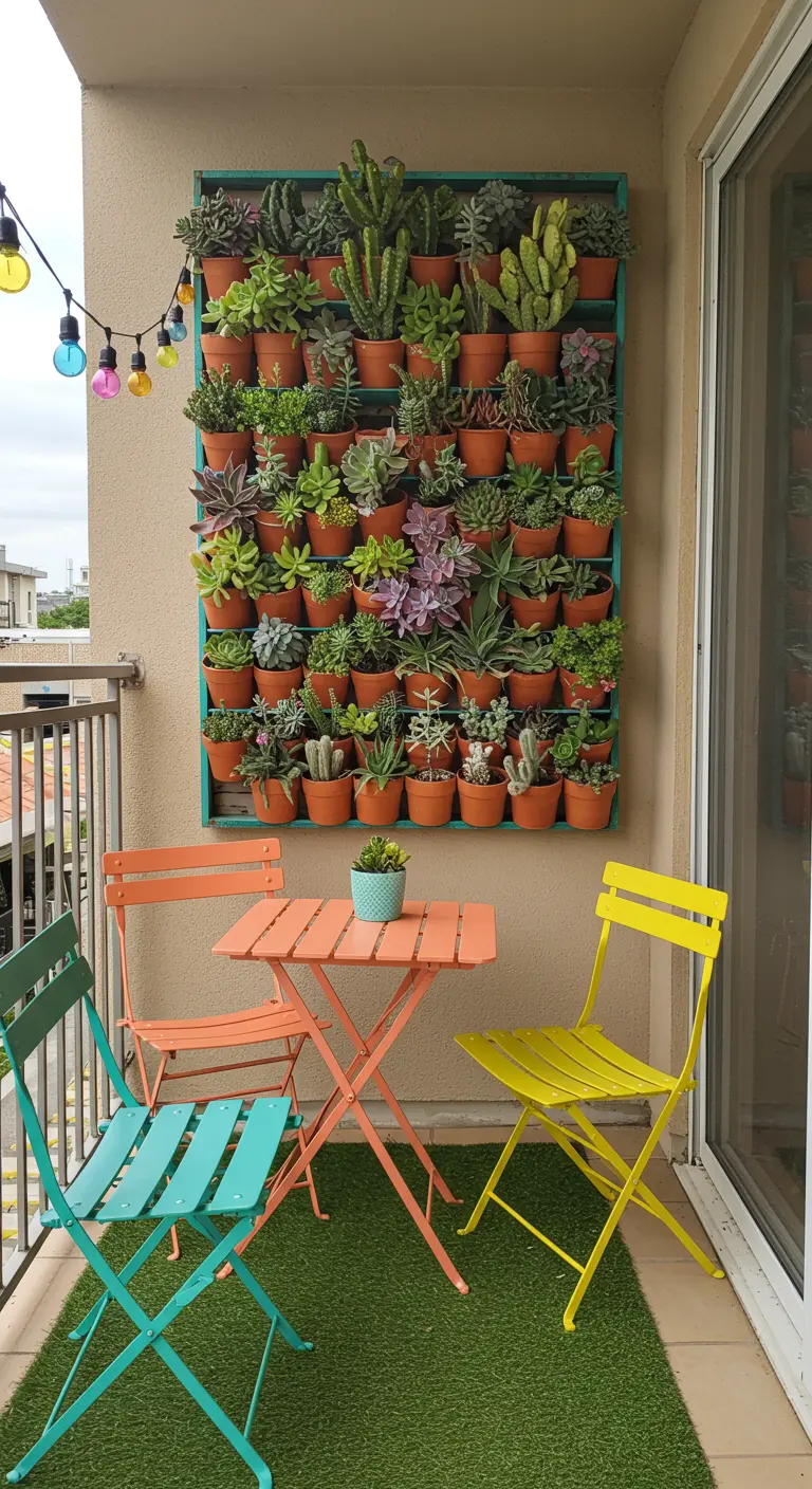 Mur de succulentes coloré sur balcon avec table et chaises pliantes aux couleurs vives.