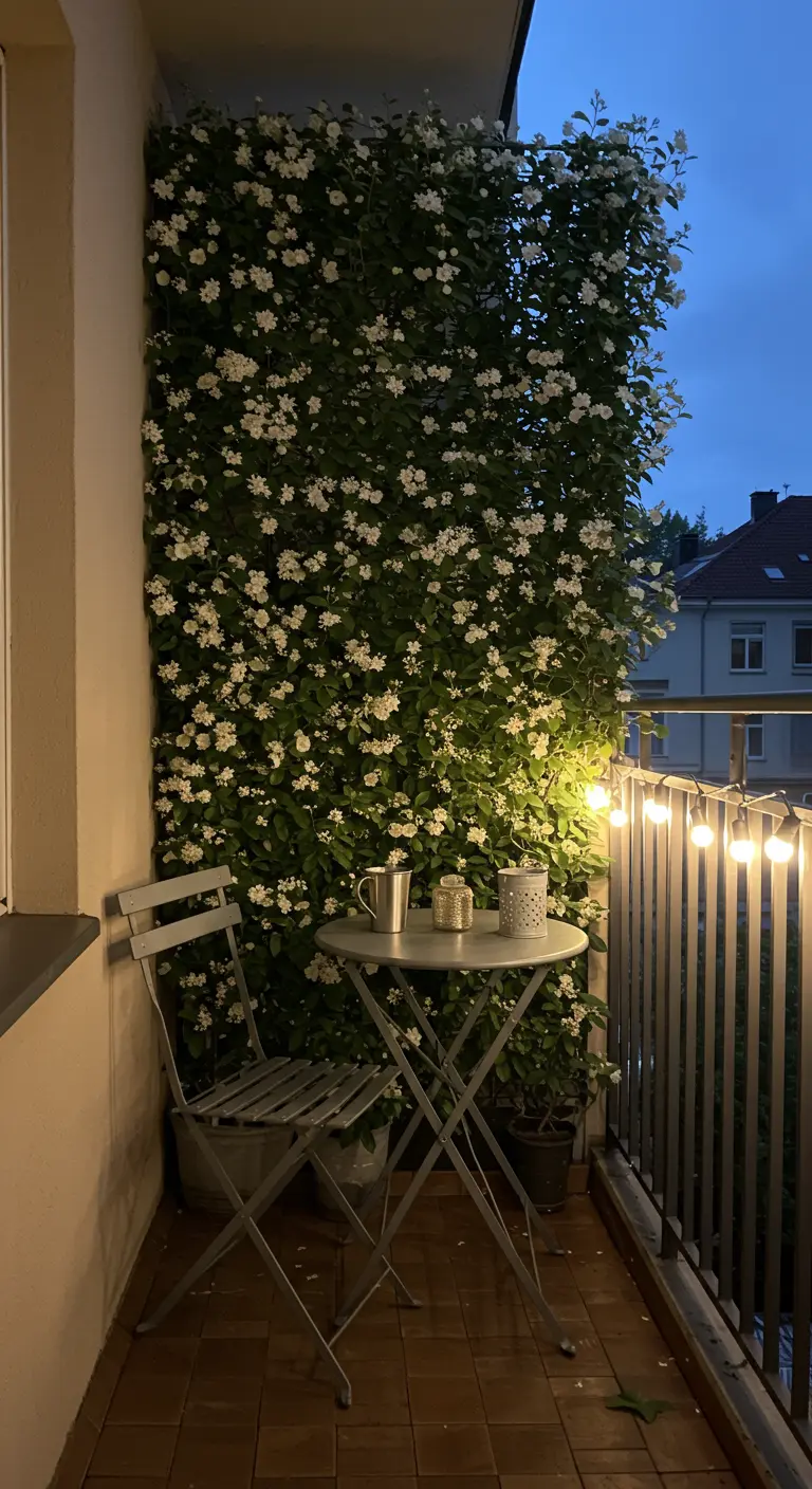 Balcon avec mur entièrement couvert de jasmin étoilé en fleurs, éclairage discret et table pliante.