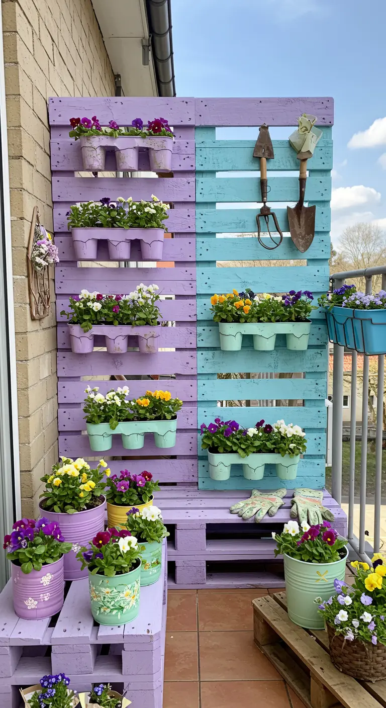 Mur végétal bicolore (lilas et bleu clair) en palettes, avec de nombreuses pensées colorées et des outils de jardinage.