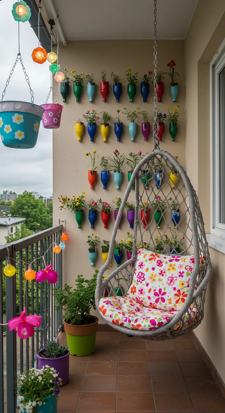 Mur végétal DIY coloré fait de bouteilles en plastique recyclées sur un balcon.