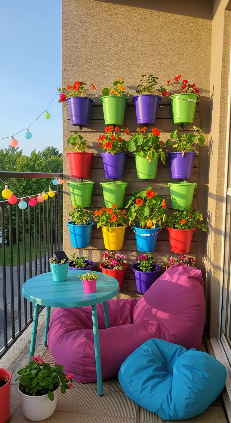 Mur végétal coloré fait de pots peints et fleuris sur un balcon joyeux.