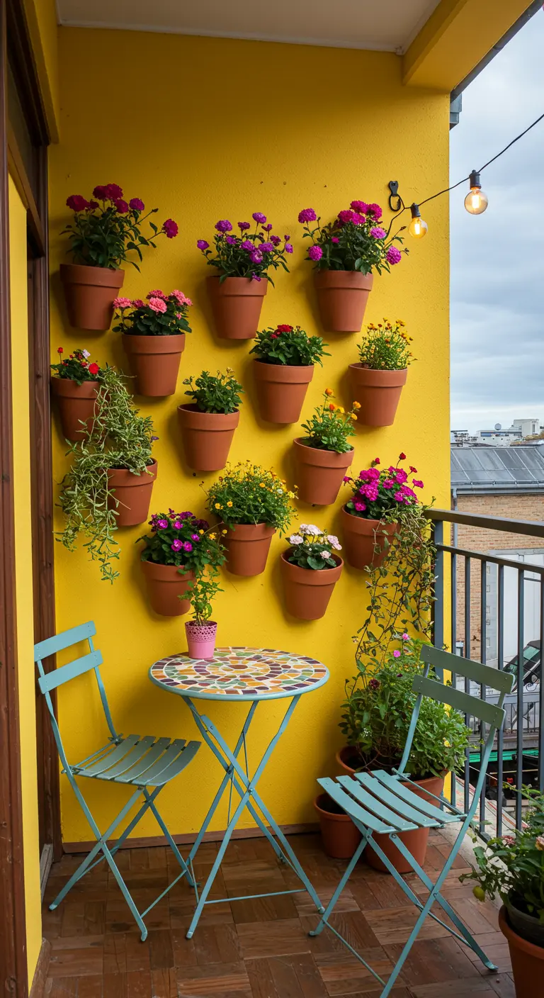 Mur jaune avec pots en terre cuite remplis de plantes retombantes sur un balcon.