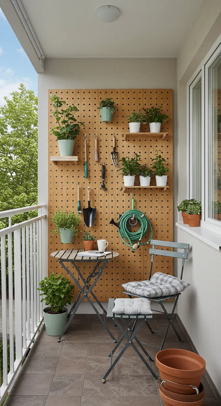 Balcon avec un grand panneau perforé en bois, des outils de jardinage et des plantes en pot.