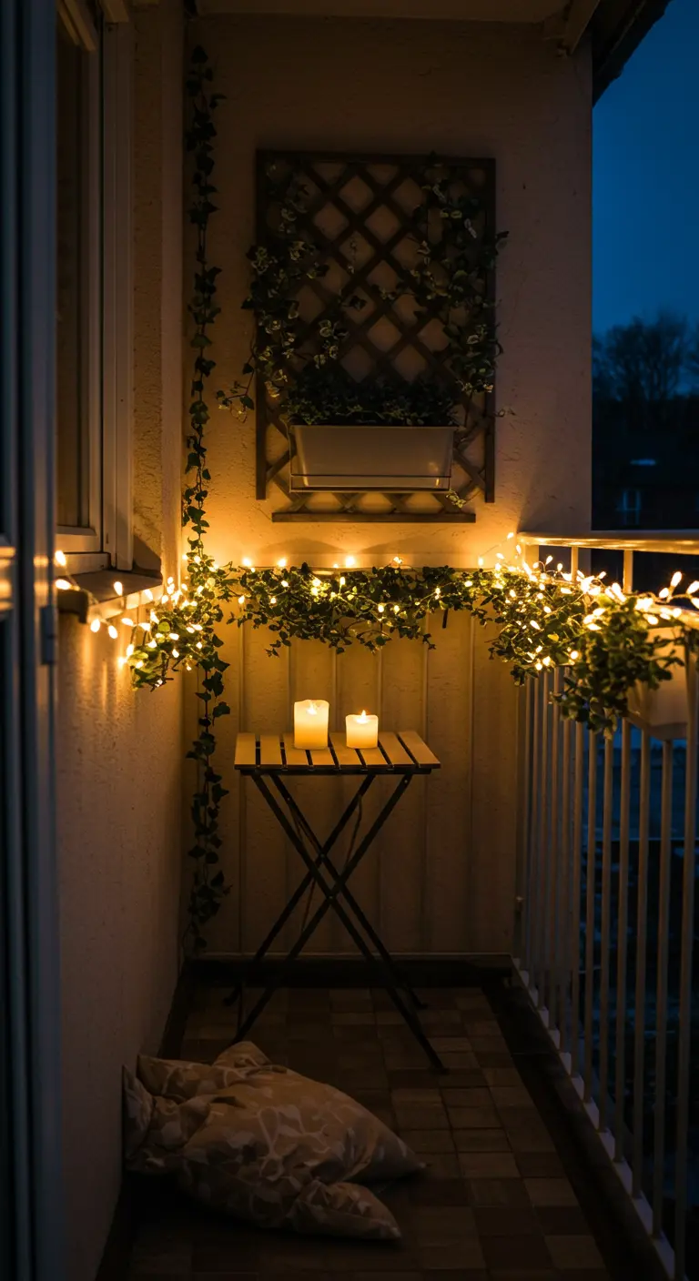 Balcon la nuit avec treillis, jardinière, guirlandes lumineuses, table pliante et coussin de sol.