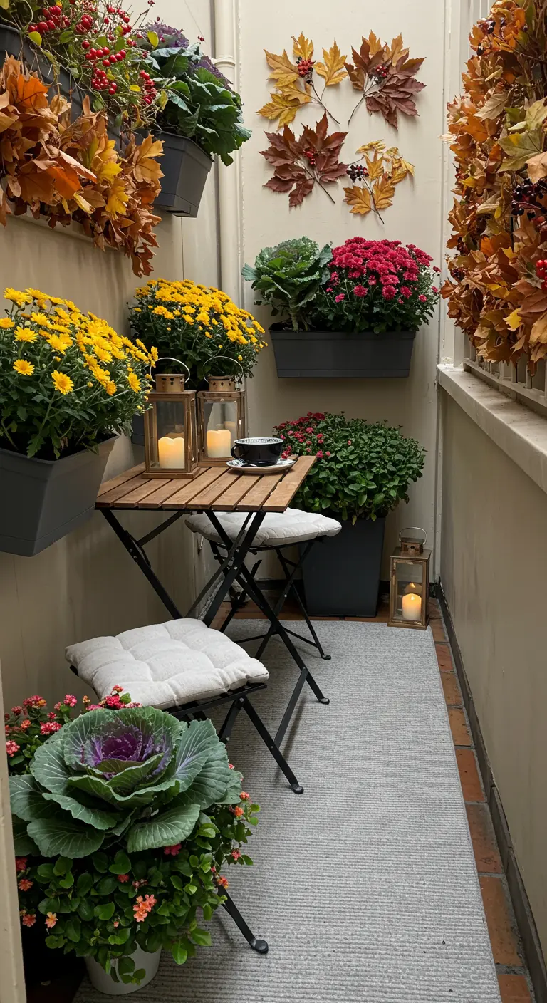 Balcon étroit avec jardinières murales, chrysanthèmes, choux d'ornement et table pliante.