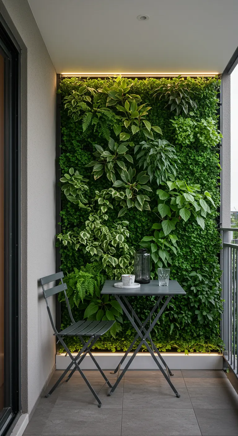 Balcon moderne avec un mur végétal luxuriant, éclairage LED, table et chaise pliantes gris foncé.