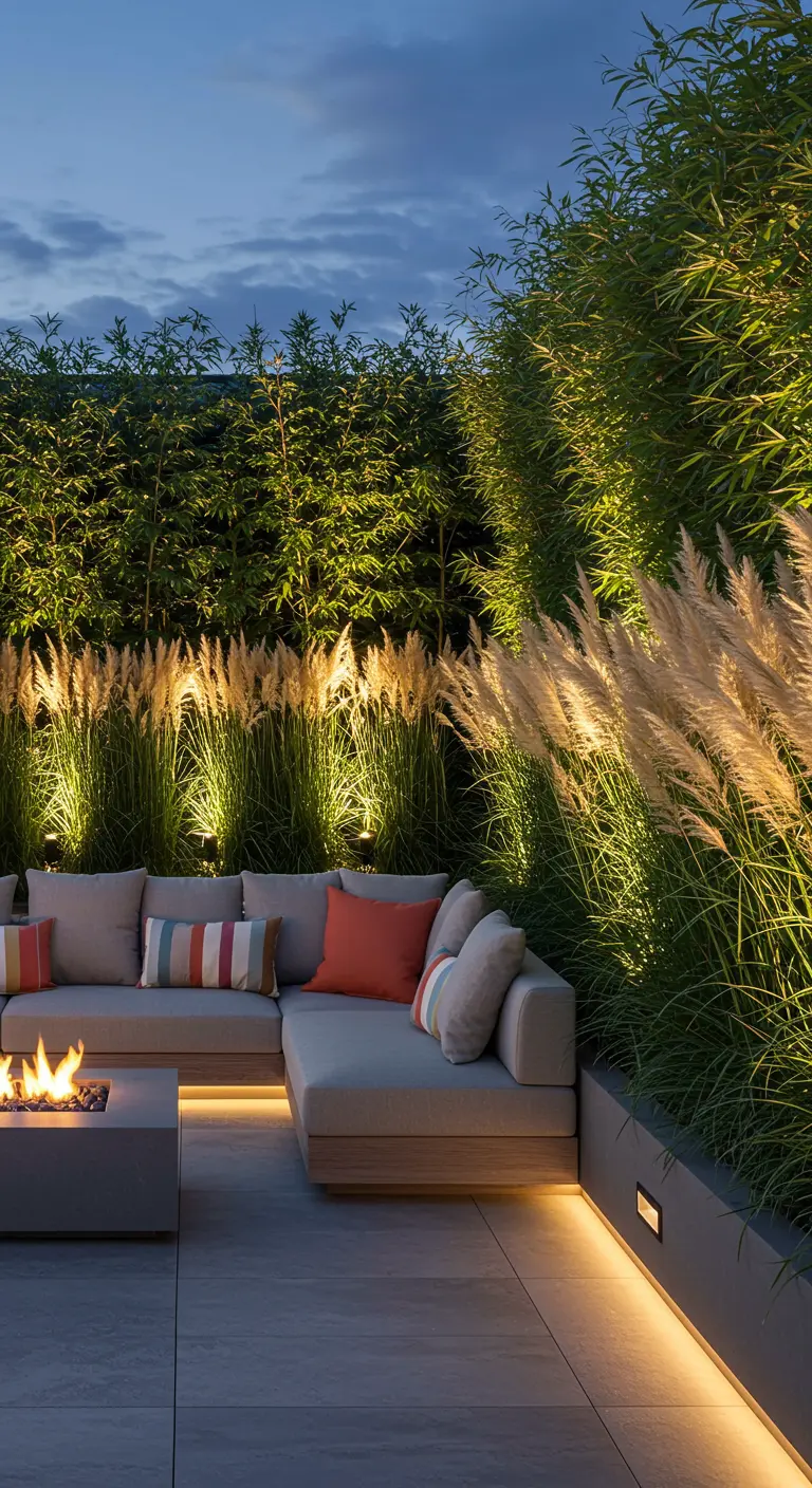 Patio moderne avec herbes hautes éclairées, foyer et mobilier extérieur élégant.
