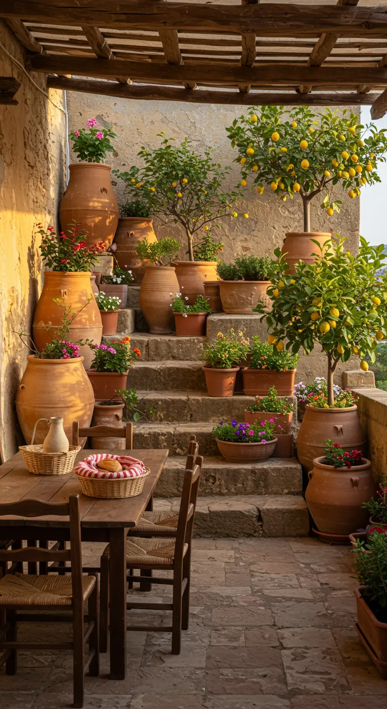 Terrasse avec escalier décoré de nombreux pots en terre cuite remplis de plantes et de citronniers.