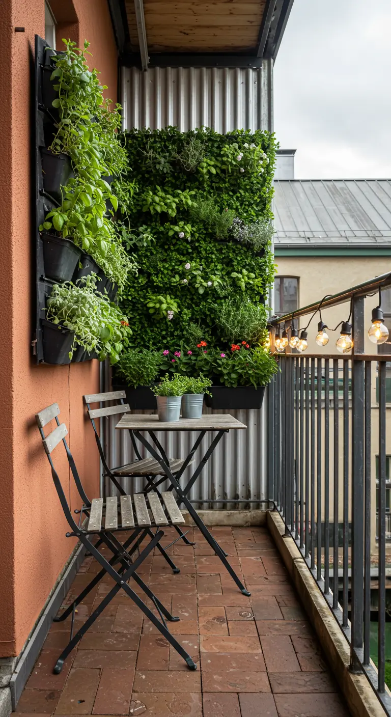 Balcon étroit avec mur végétal d'herbes, petite table et chaises pliantes en bois, guirlande lumineuse.