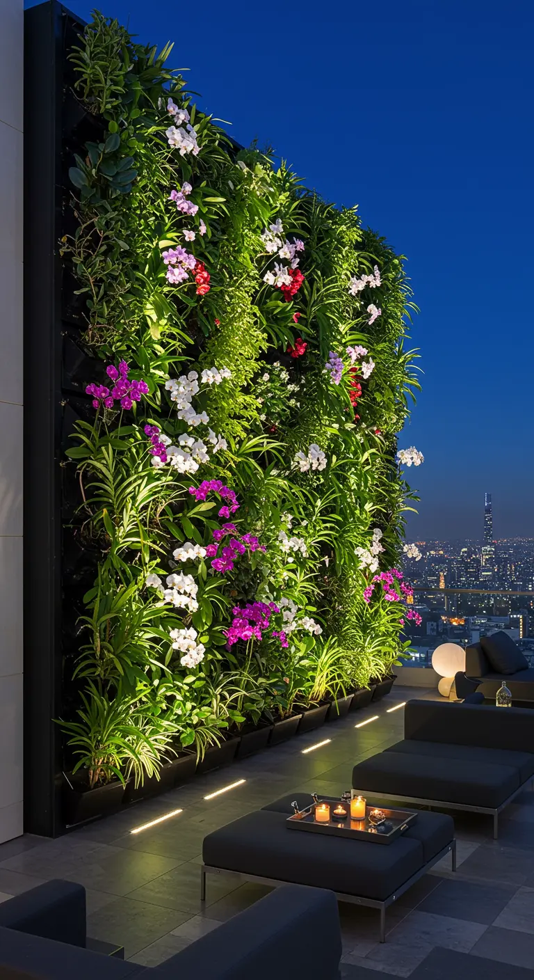 Terrasse de luxe avec un grand mur végétal fleuri et éclairé la nuit.