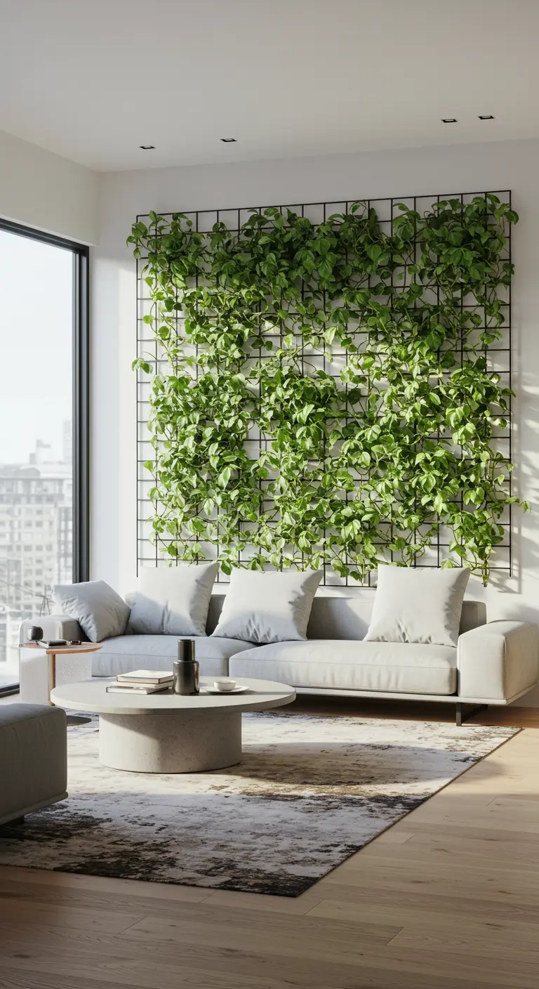 Mur végétal avec treillis noir et Pothos verts dans un salon moderne et lumineux.