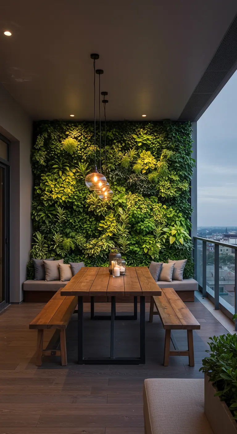 Grand balcon avec un mur végétal luxuriant et une table à manger en bois.