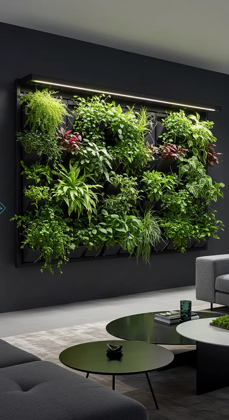 Grand mur végétal intérieur avec éclairage supérieur, diverses plantes vertes, ambiance moderne.