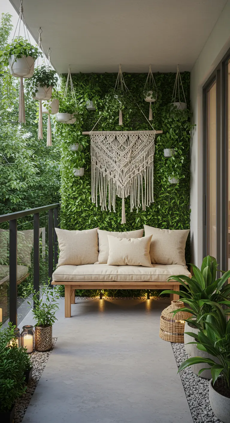 Balcon avec mur végétal dense, banc en bois clair, coussins et macramé mural central.