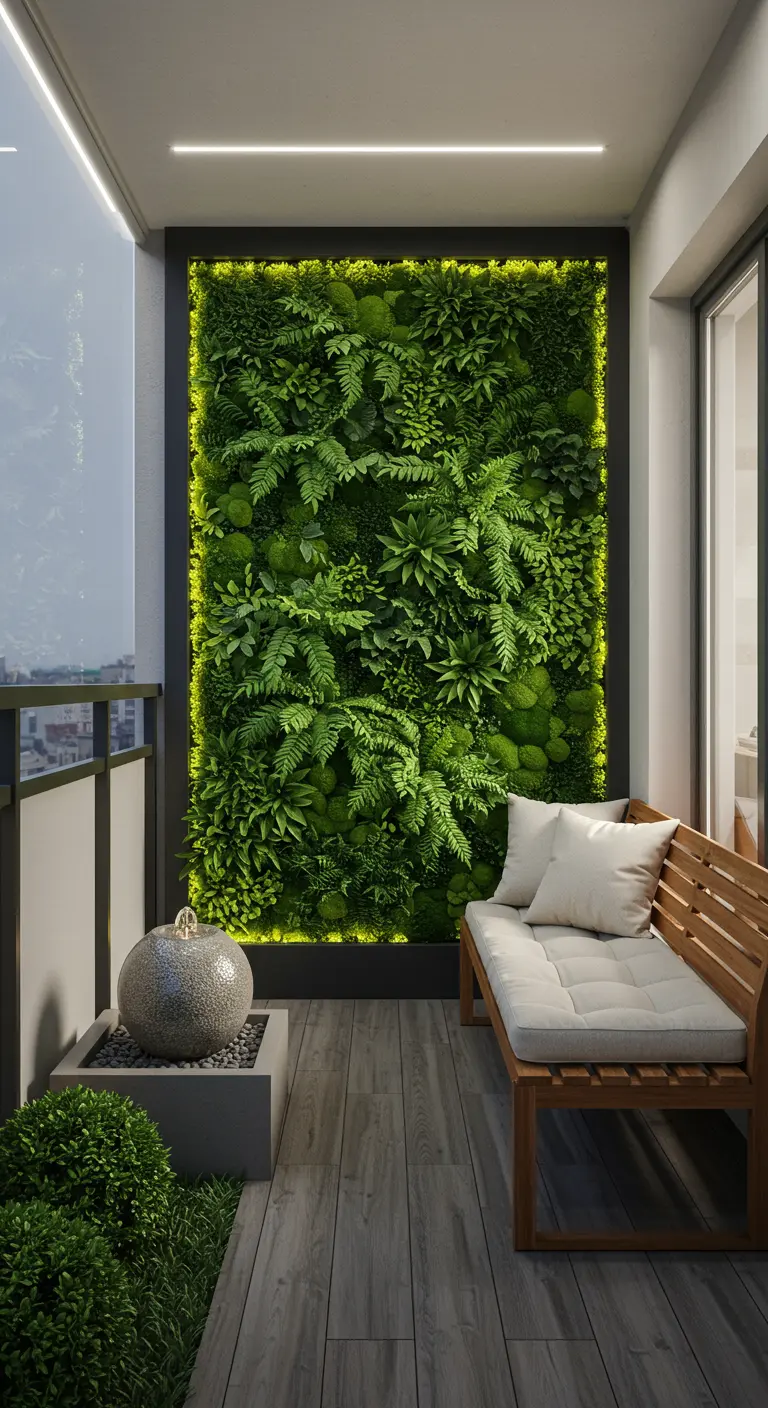Mur végétal rétroéclairé sur balcon moderne avec banc en bois et fontaine sphérique.