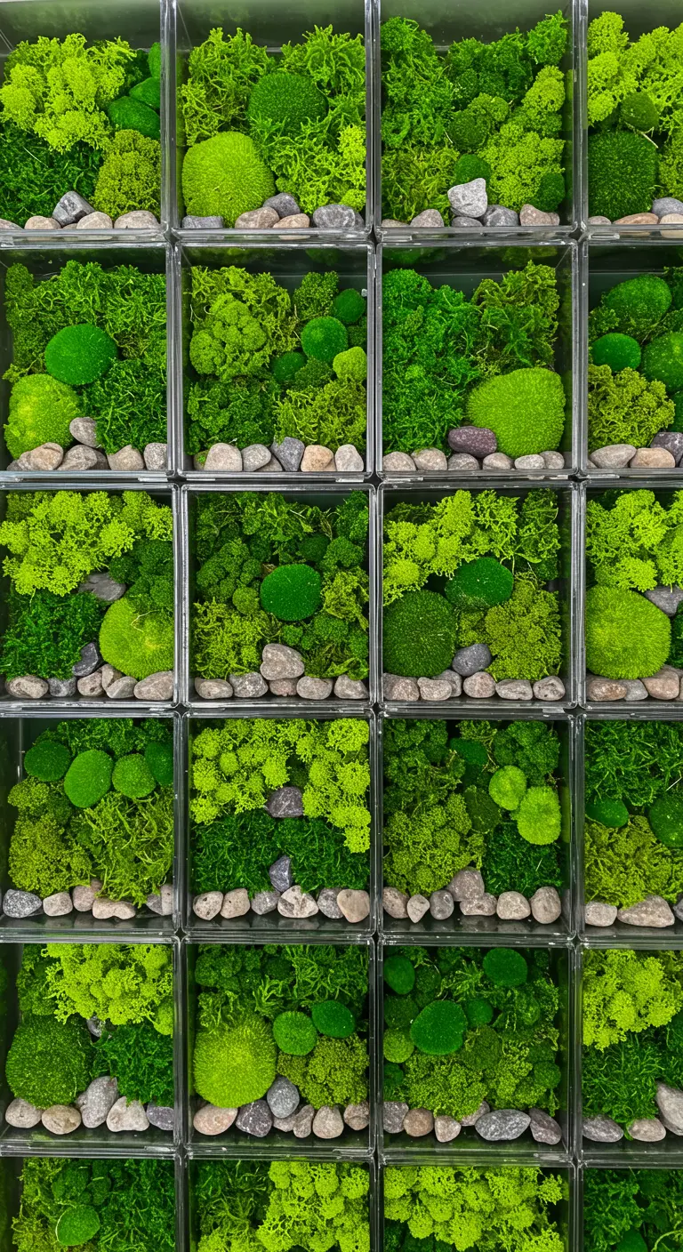 Mur végétal modulaire composé de multiples petits terrariums cubiques, chacun rempli de mousse et de pierres.