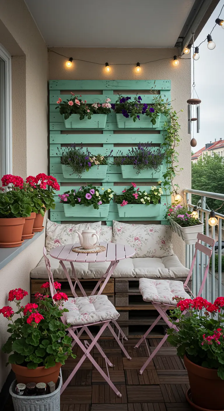 Balcon aménagé avec un mur végétal pastel fait de palettes, des géraniums rouges et des guirlandes lumineuses.