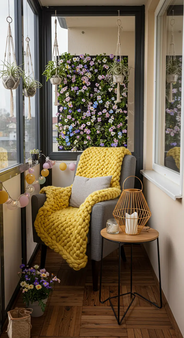 Balcon fermé avec mur végétal coloré, fauteuil gris, plaid jaune et suspensions macramé.