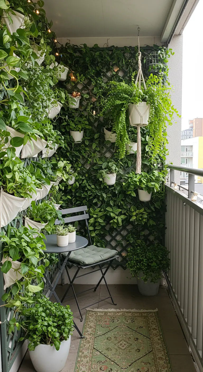 Balcon avec mur végétal dense, petites jardinières et ensemble bistro vert
