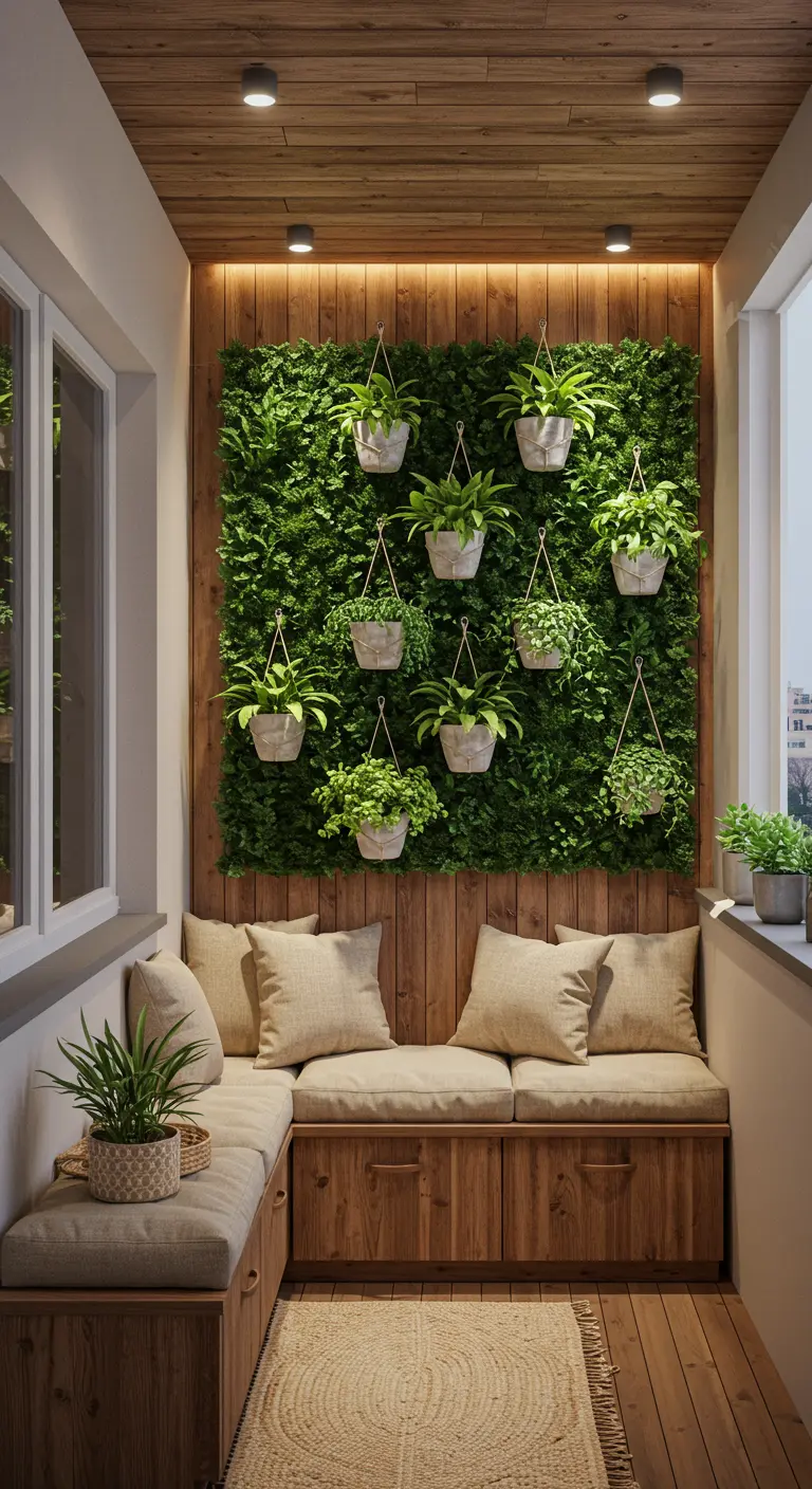 Balcon avec un mur végétal artificiel, bancs en bois, coussins et plantes suspendues.