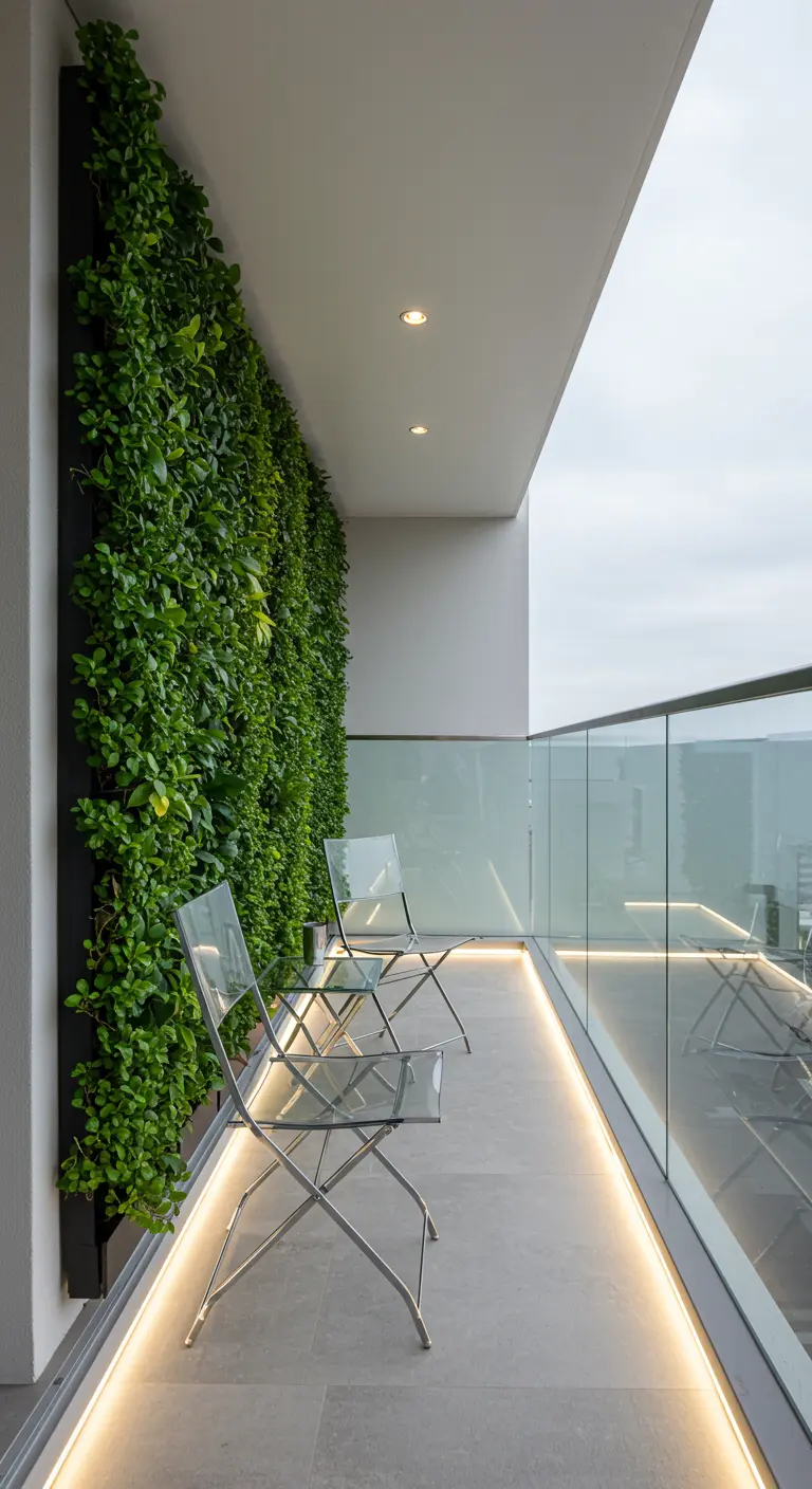 Balcon moderne avec mur végétal luxuriant, chaises transparentes et éclairage LED au sol.