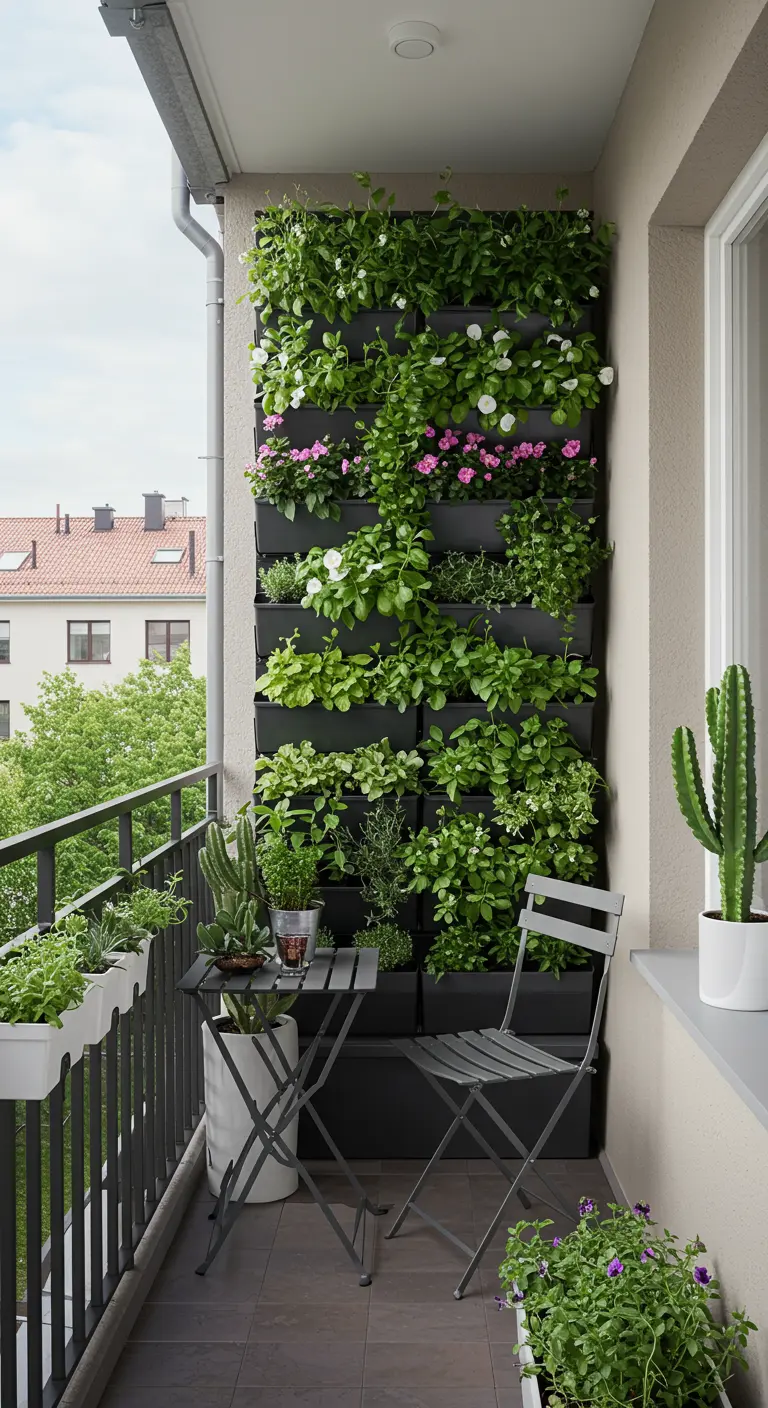 Petit balcon avec mur végétal d'herbes et fleurs, table pliante et grand cactus.