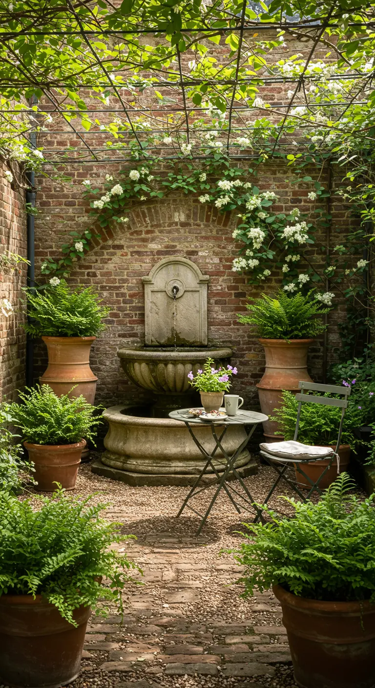 Jardin clos avec une fontaine en pierre, des murs de briques et de nombreux pots de fougères.