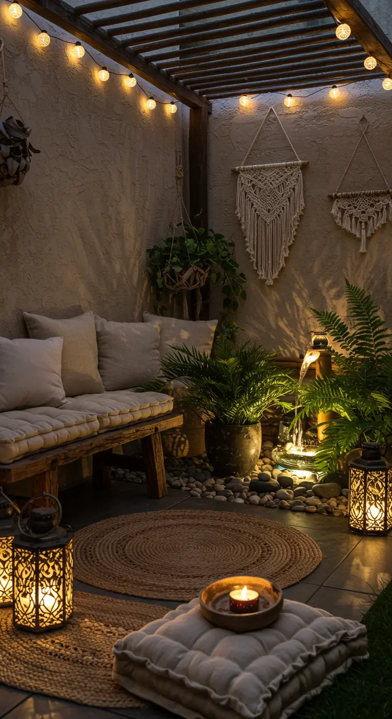 Terrasse zen avec fontaine murale, galets, banquette en bois, tapis ronds et lanternes.