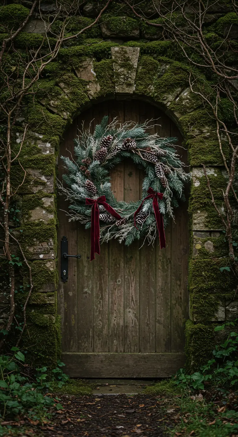 Couronne givrée et rubans bordeaux sur porte en bois sombre dans un mur de pierre moussue.