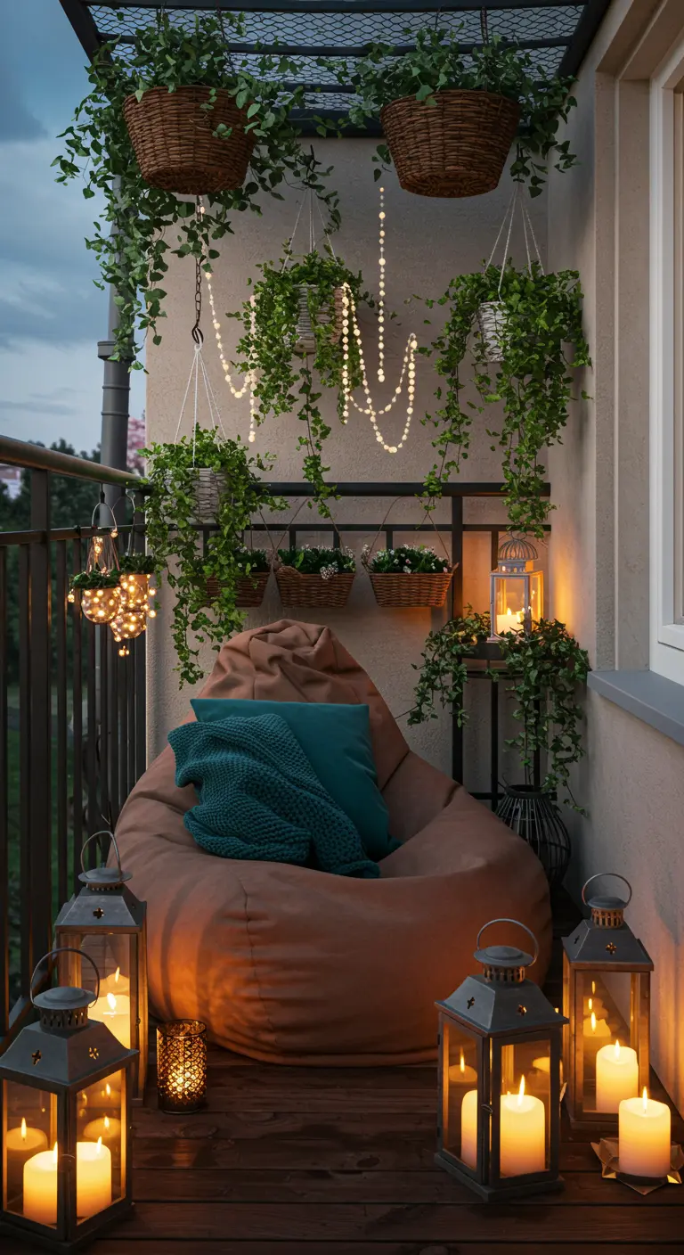 Balcon cosy avec pouf géant, plaid bleu canard, nombreuses lanternes et plantes suspendues.