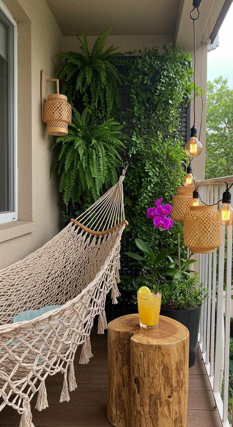 Balcon avec hamac macramé, table en rondin de bois, mur végétal et guirlande lumineuse.