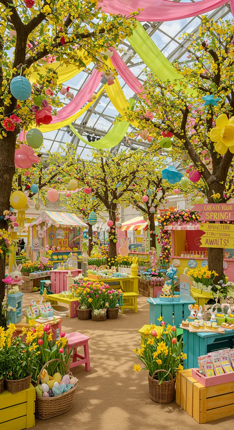 Grand hall d'exposition de Pâques avec arbres fleuris, tissus colorés au plafond, kiosques pastel et décorations.